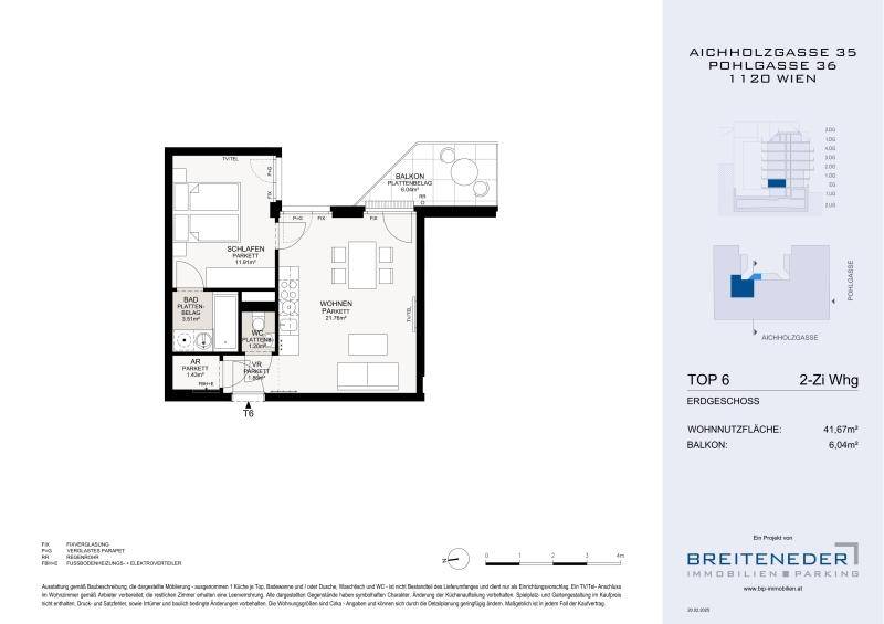 Grundriss einer 2-Zimmer-Wohnung im Erdgeschoss mit Balkon.