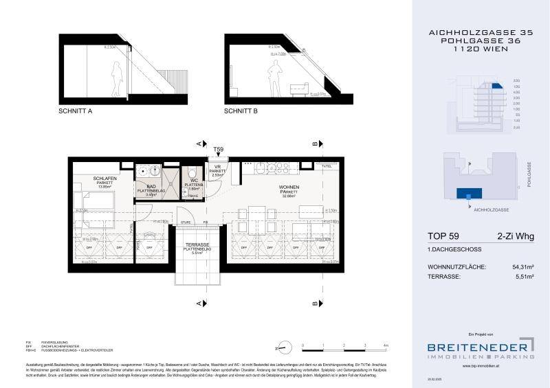 Detaillierter Grundriss mit Schlafzimmer, Bad, WC, Wohnbereich und zwei Terrassen.