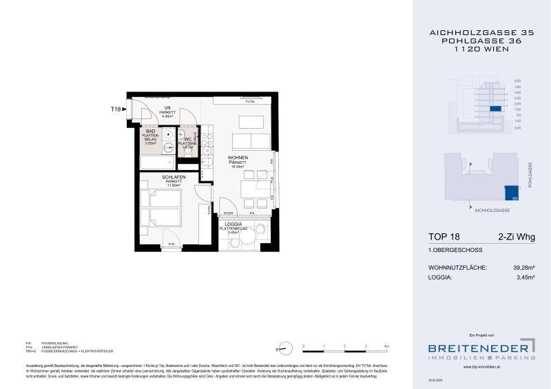 Grundriss einer 2-Zimmer-Wohnung mit Loggia, Schlafzimmer und offenem Wohnbereich.