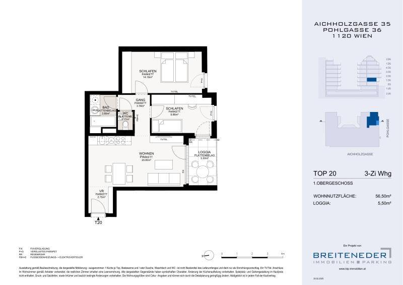 Grundriss einer 3-Zimmer-Wohnung im Obergeschoss mit Loggia und Parkettboden.