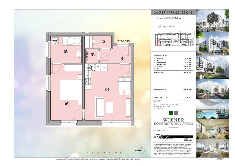 Grundriss einer 2-Zimmer-Wohnung mit offenem Wohnbereich, Balkon und separatem WC.