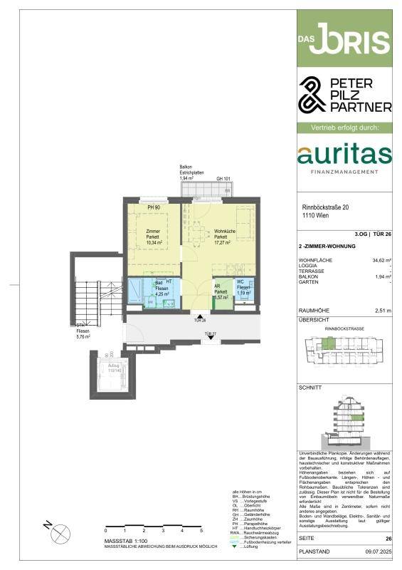 Grundriss einer modernen 2-Zimmer-Wohnung im dritten Obergeschoss mit Balkon und offener Wohnküche.