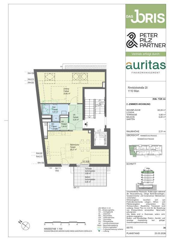 Detaillierter Grundriss einer 2-Zimmer-Wohnung mit Loggia, Terrasse und Gartenanteil.