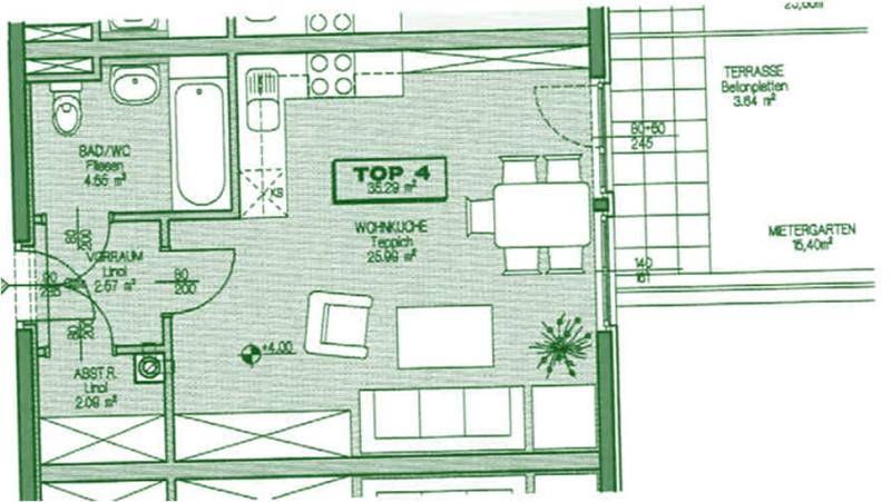 Detaillierter Grundrissplan einer Wohneinheit mit Bad, Wohnküche, Terrasse und privatem Gartenbereich.