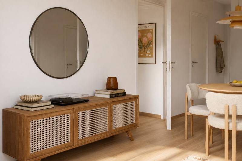 Heller Wohn- und Essbereich mit modernem Holz-Sideboard, rundem Spiegel und hellem Parkettboden.