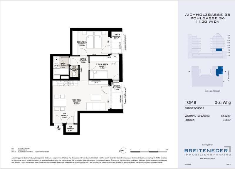 Grundriss der Wohnung Top 9 im Erdgeschoss mit zwei Schlafzimmern, Wohnbereich und Loggia.