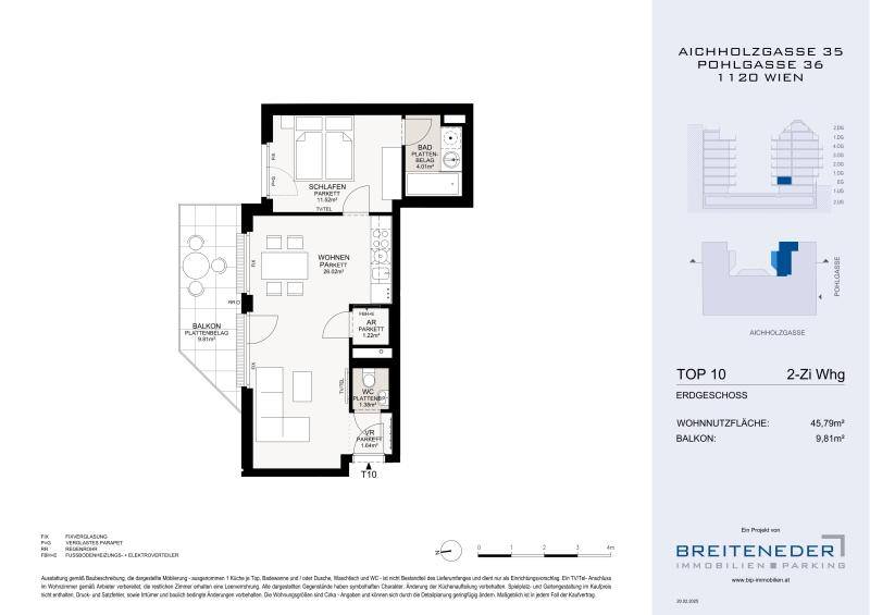 Grundriss einer 2-Zimmer-Wohnung im Erdgeschoss mit Balkon und 45,79m² Wohnfläche.