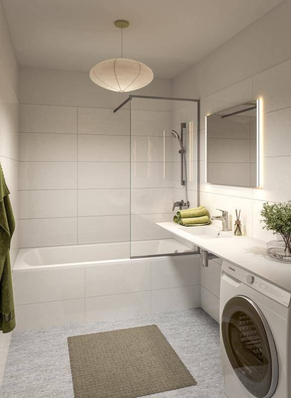 Modernes Badezimmer mit Badewanne, Duschwand, Waschmaschine und beleuchtetem Spiegelschrank.