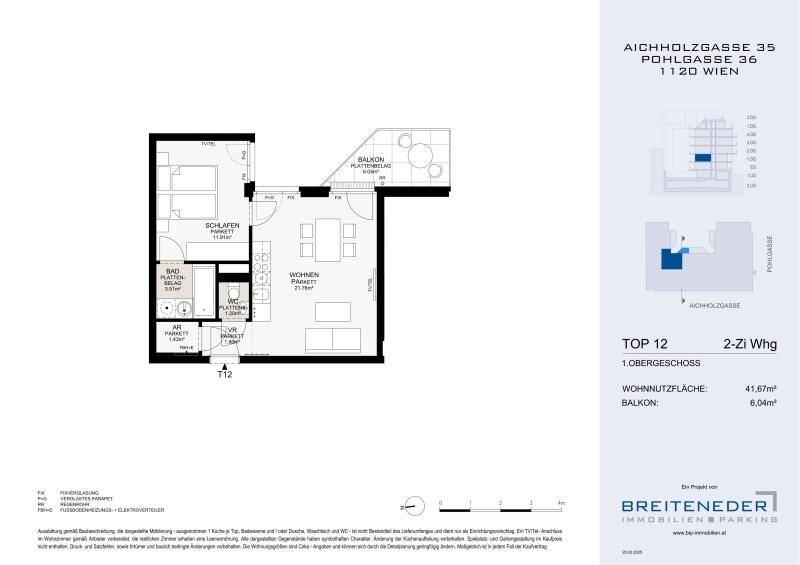 Grundriss einer 2-Zimmer-Wohnung mit Balkon und separatem WC im 1. Obergeschoss.
