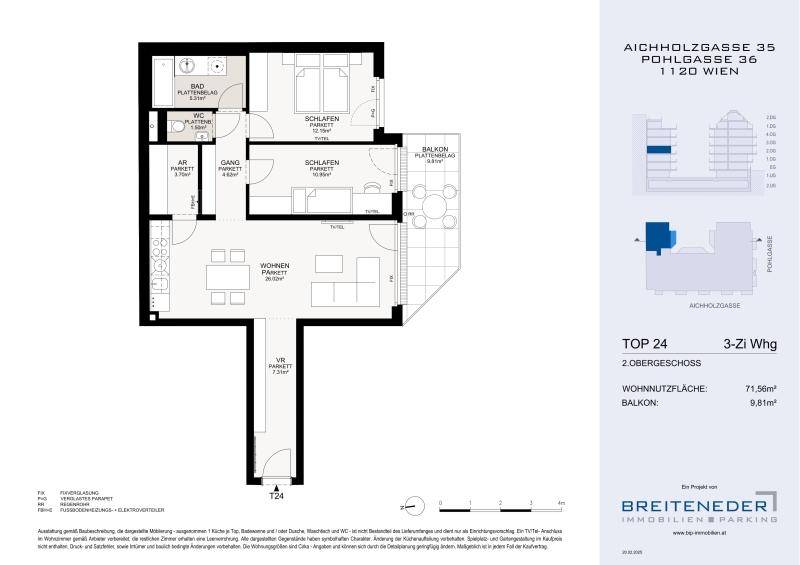 Grundriss einer Wohnung mit zwei Schlafzimmern, Bad, WC, Wohnbereich und Balkon.