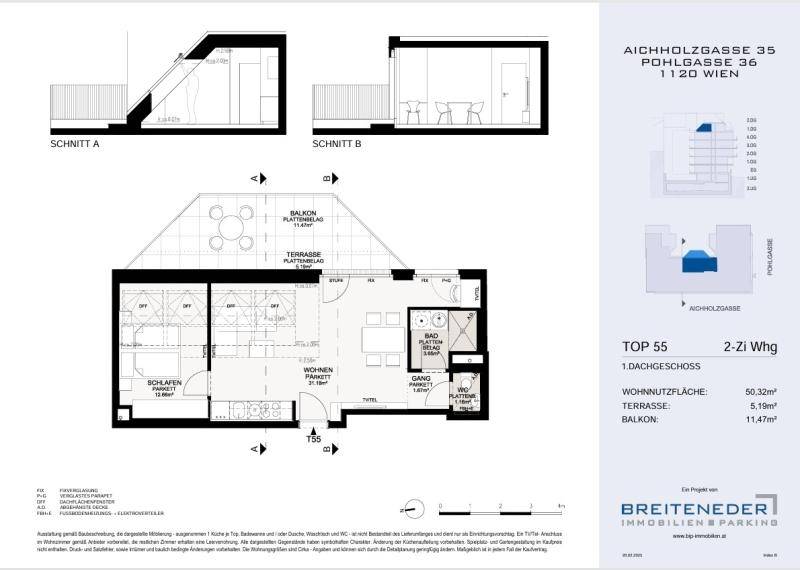 Grundriss einer 2-Zimmer-Wohnung mit Balkon und Terrasse im Dachgeschoss.