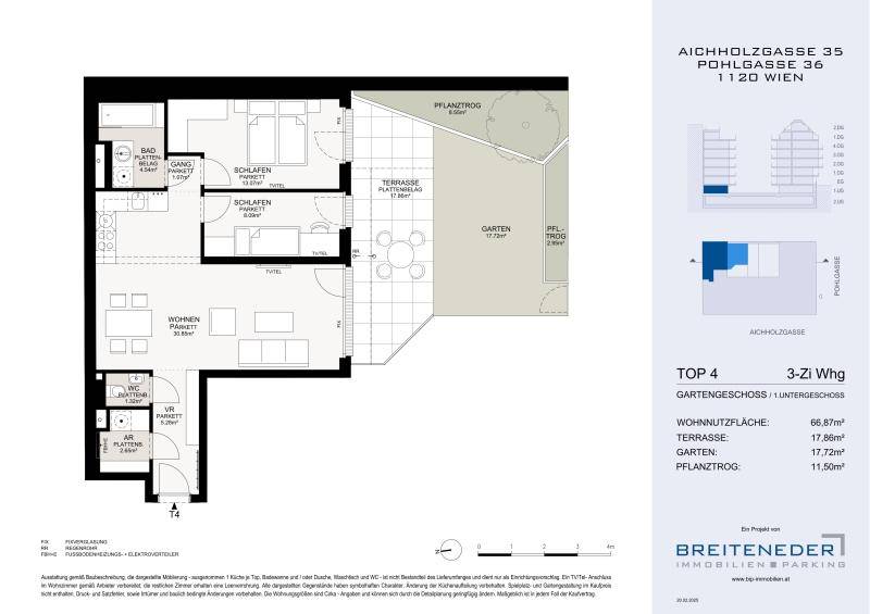Grundriss einer 3-Zimmer-Wohnung mit Terrasse, Garten und separatem WC.