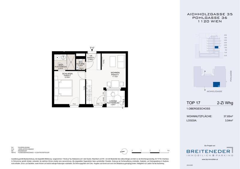 Grundriss der Wohnung Top 17 mit Wohnzimmer, Schlafzimmer, Bad und Loggia.