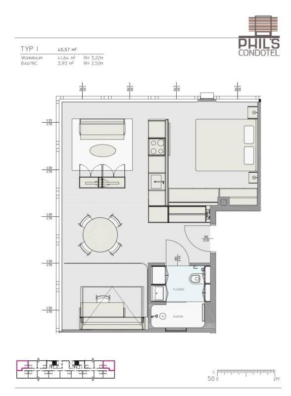 Grundriss des Typs I mit offenem Wohnbereich, Schlafzimmer und Badezimmer.
