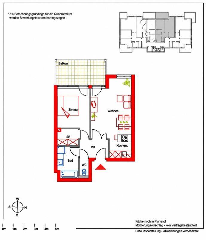 Grundriss einer Wohnung mit Balkon, Wohnzimmer, Küche, Schlafzimmer, Bad und WC.