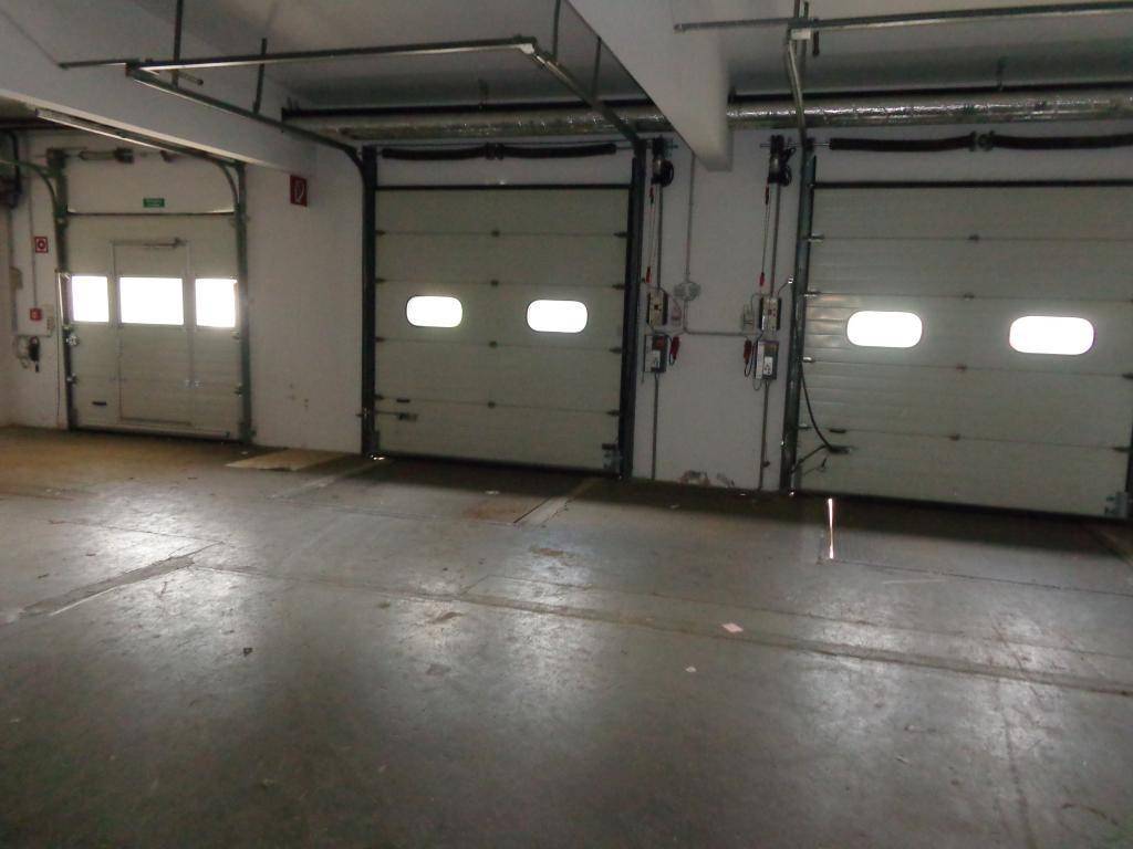 Innenansicht einer Lagerhalle mit drei großen Rolltoren und einem separaten Eingang, bereit für den Warenverkehr.