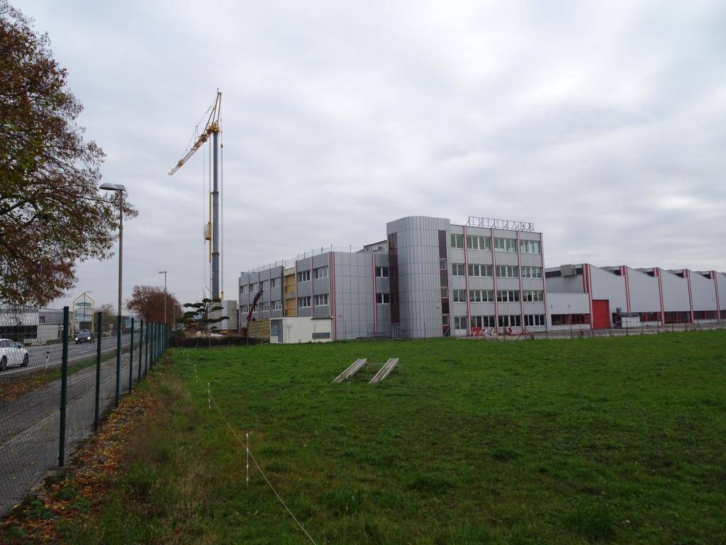 Außenansicht eines Gewerbegebäudes im Bau mit Kran und angrenzender Grünfläche.