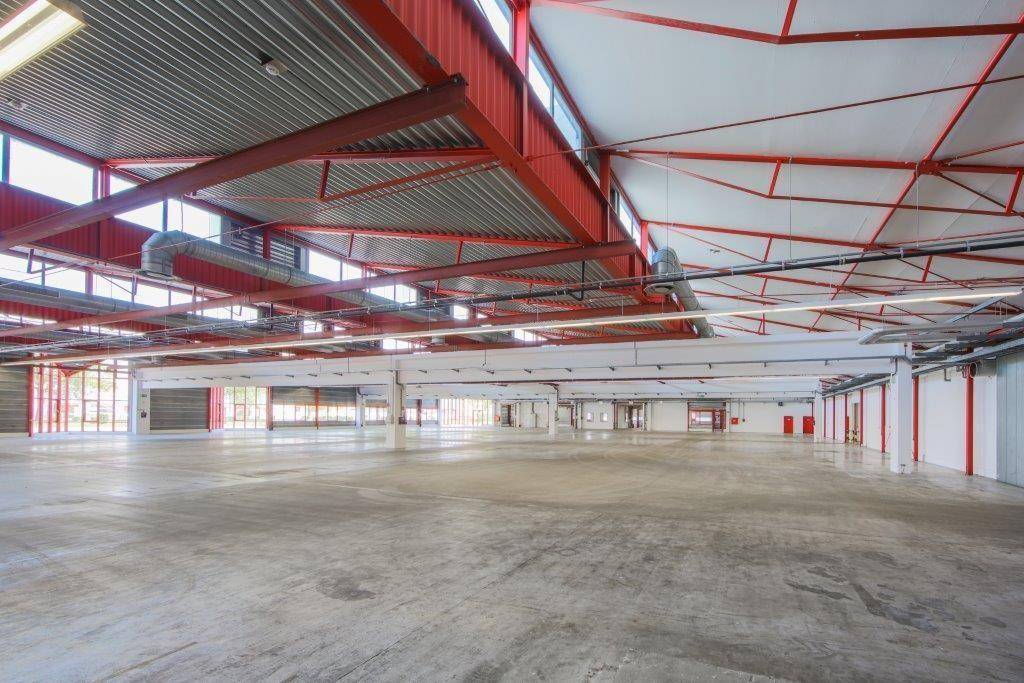 Weitläufige Lagerhalle mit roter Stahlkonstruktion, Oberlichtern und Betonboden.