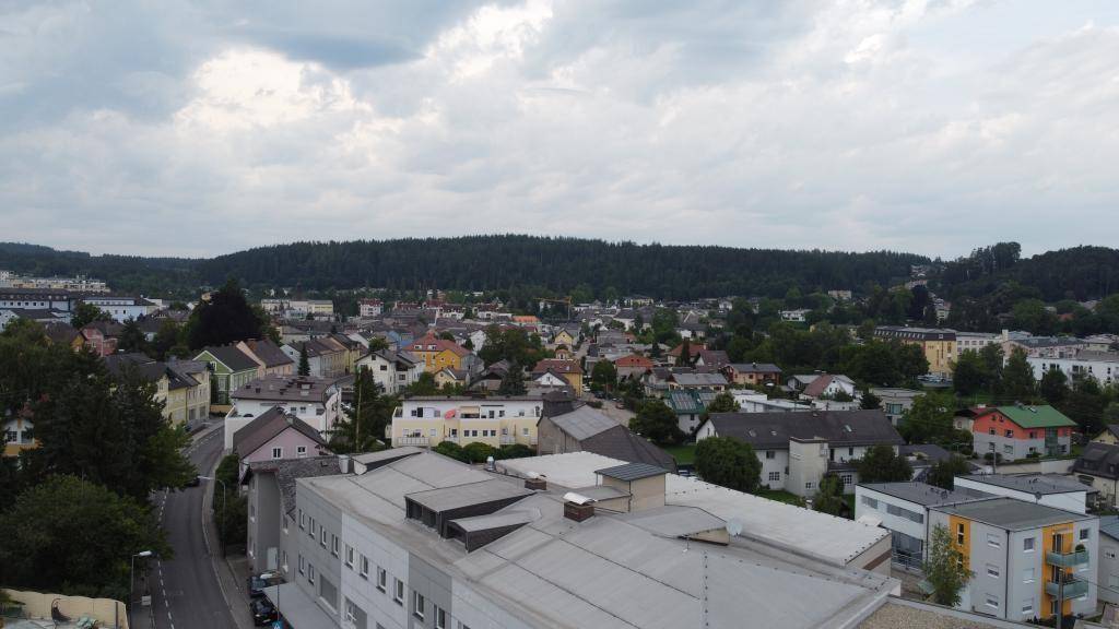 Weitläufige Luftaufnahme einer Kleinstadt mit vielen Häusern und einer großen bewaldeten Hügellandschaft unter bewölktem Himmel.