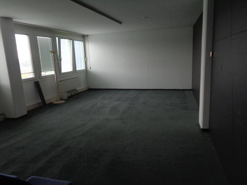 Leeres Büro mit Teppichboden und großen Fenstern, die viel natürliches Licht in den Raum lassen.