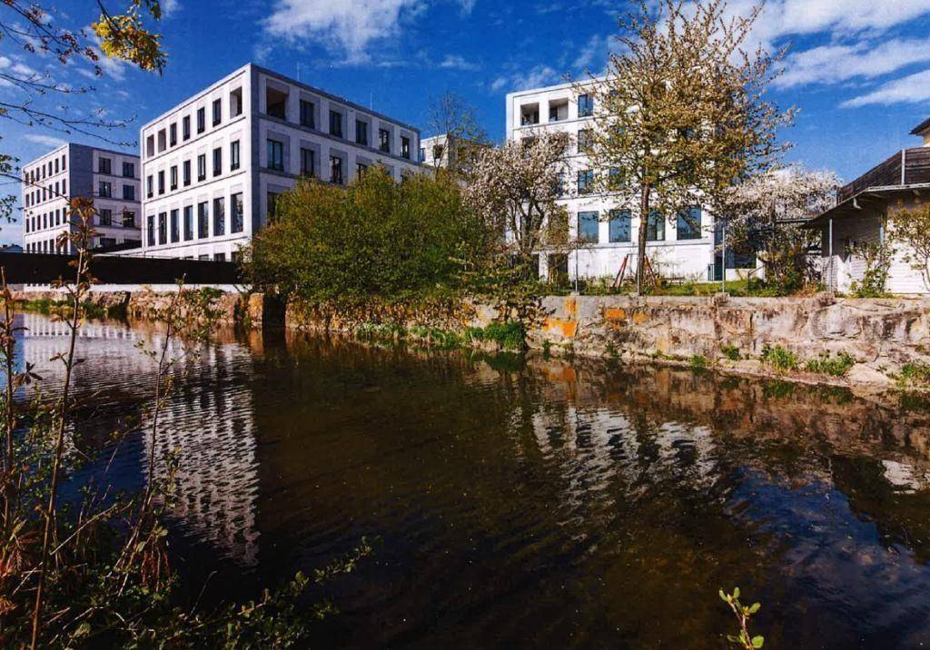 Moderne Gebäude spiegeln sich im ruhigen Flusswasser wider, umgeben von grünen Bäumen und Sträuchern.