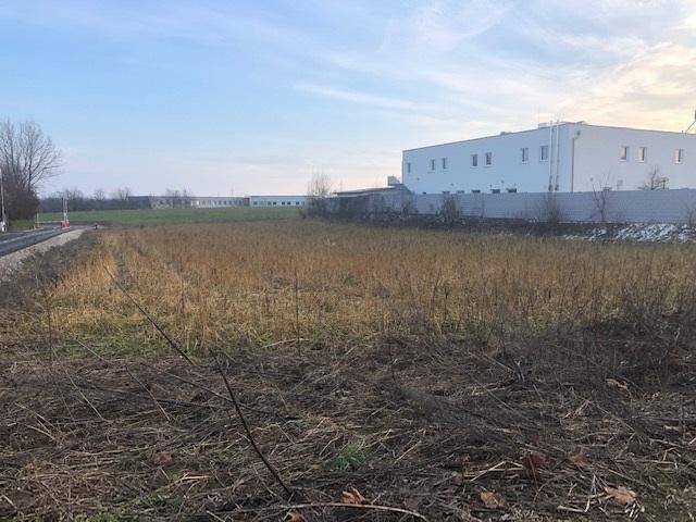 Weitläufiges unbebautes Grundstück mit trockener Vegetation und Blick auf entfernte Industriegebäude.
