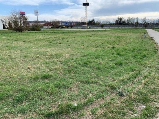 Große, offene Grasfläche des Grundstücks unter bewölktem Himmel mit Blick auf entfernte Gebäude.