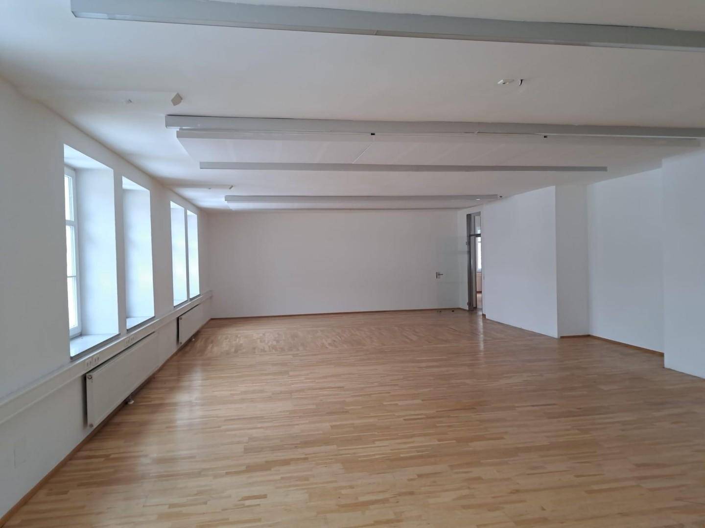 Weitläufiger Raum mit Holzboden und einer Reihe von Fenstern, die viel Tageslicht hereinlassen.