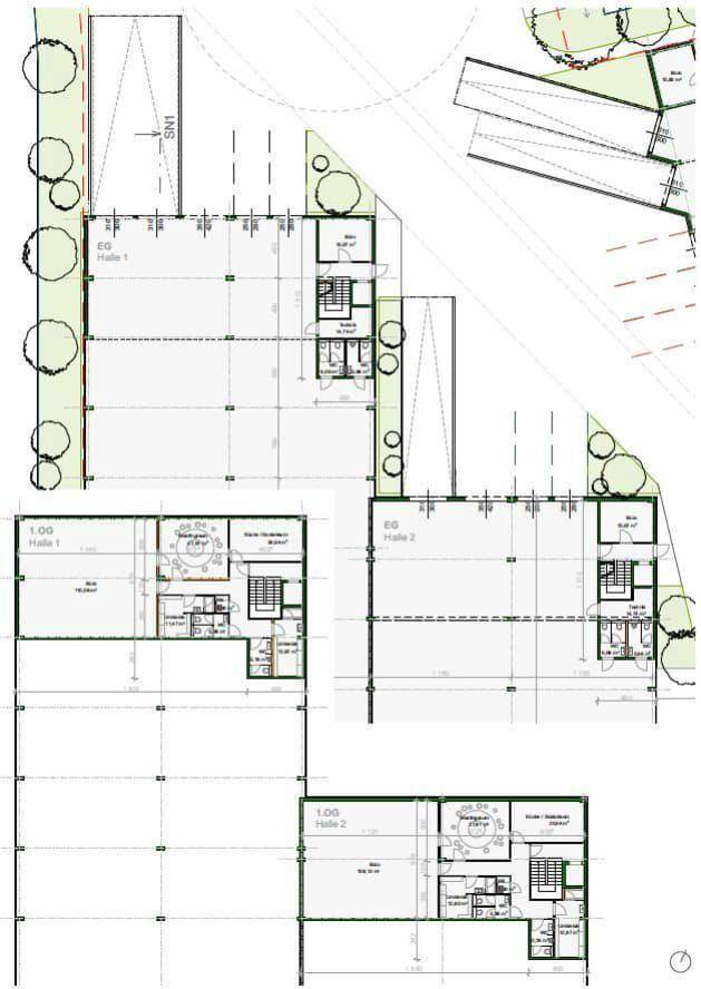 Detaillierte Grundrisse der Hallen 1 und 2 mit Bürobereichen, Treppenhäusern und Aufzügen.