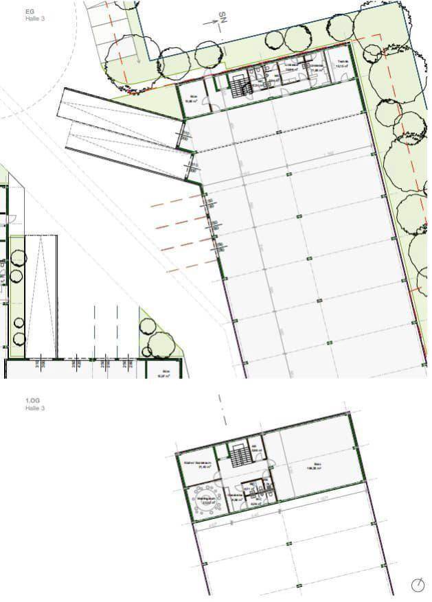 Detaillierte Grundrisse der Halle 3 mit Bürobereichen, Treppenhaus, Aufzug und Sanitäranlagen.
