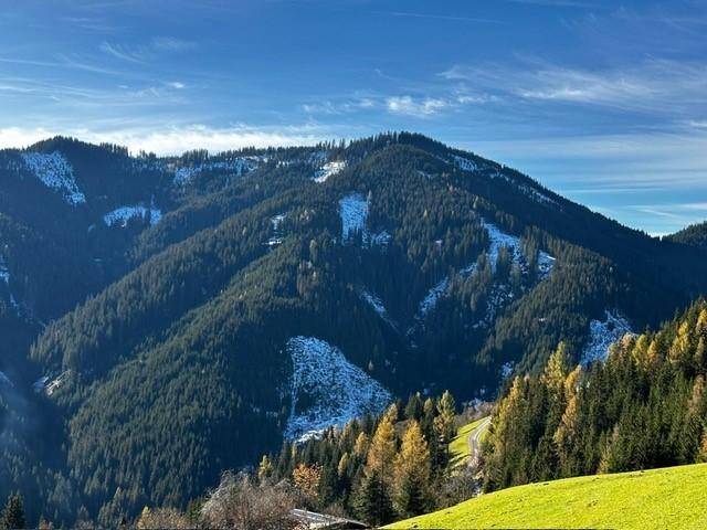 Detailansicht der majestätischen Berglandschaft mit dichten Wäldern und blauem Himmel.