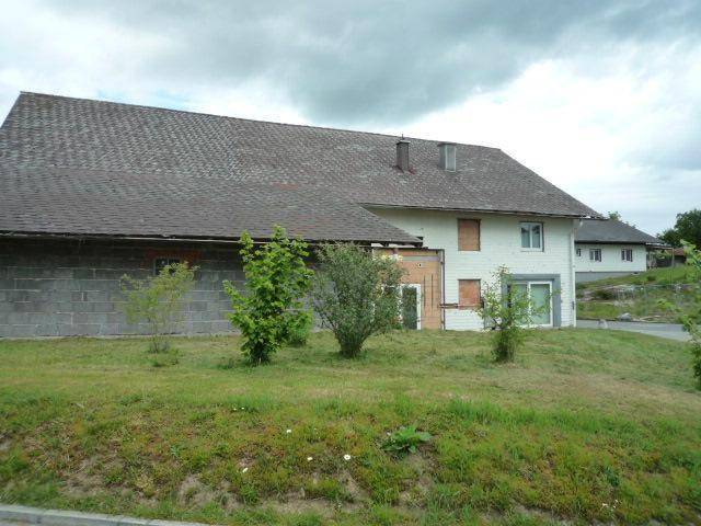 Seitenansicht des Hauses mit großem Gartenbereich und teilweise verputzter Fassade.