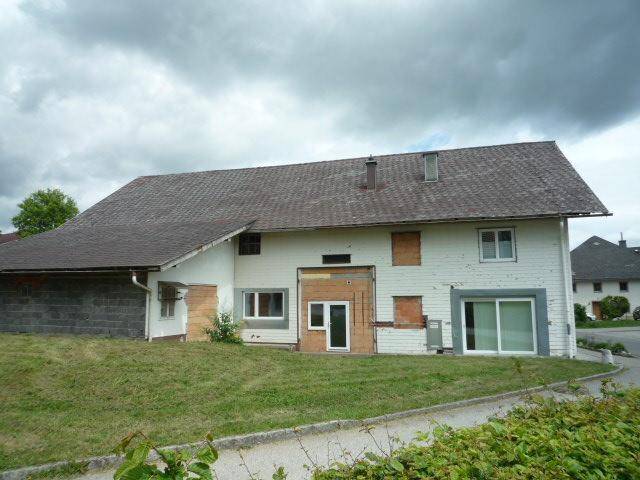 Vorderansicht des Wohnhauses mit Gartenfläche und modernen Fenstern.