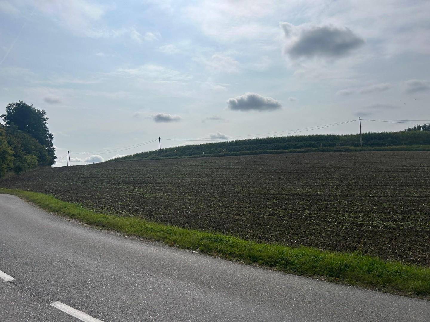 Weites Ackerland neben einer Landstraße unter einem teilweise bewölkten Himmel.