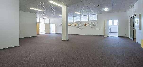 Weitläufiger Raum mit Teppichboden, weißen Wänden und mehreren Türen, ideal für Großraumbüros.