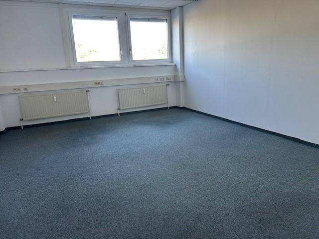 Leeres Büro mit Teppichboden, weißen Wänden und zwei Fenstern, die Tageslicht hereinlassen.