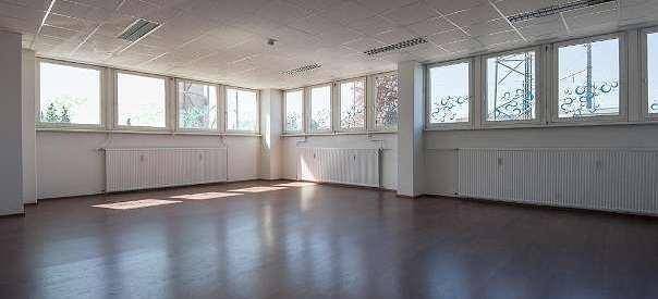 Heller, geräumiger Raum mit Laminatboden und vielen Fenstern, die viel Sonnenlicht hereinlassen.
