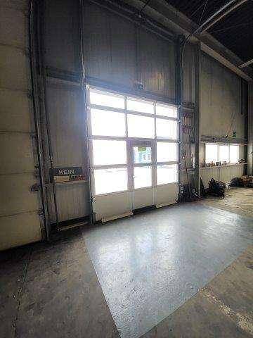 Helle Industriehalle mit großem Glas-Sektionaltor, das den Blick nach draußen freigibt und viel Tageslicht spendet.