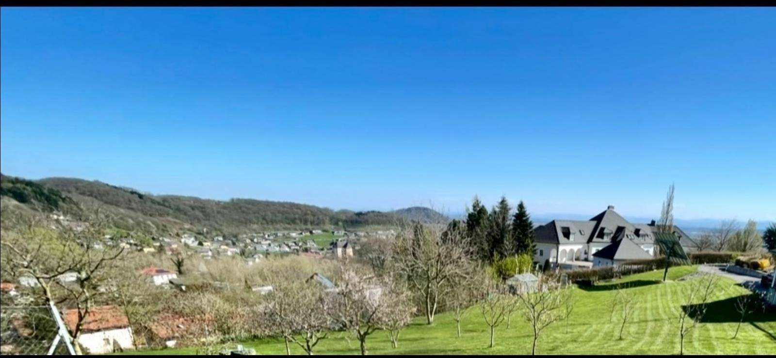 Weitläufiger Ausblick über die grüne Landschaft mit einem Anwesen am Horizont.