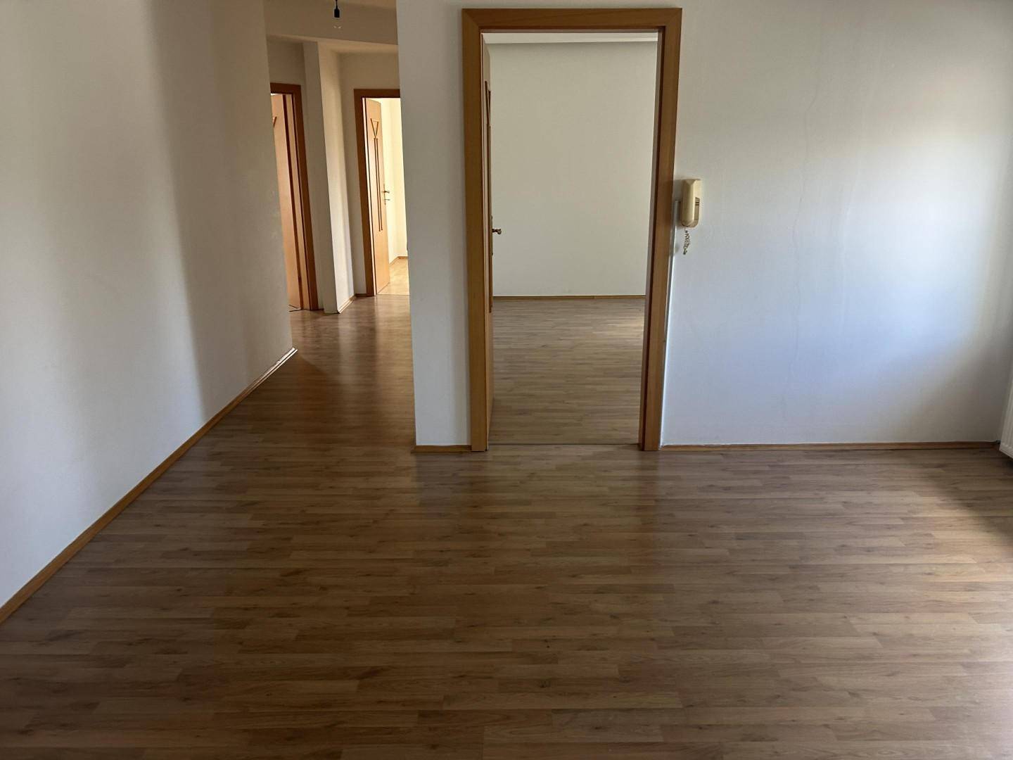 Heller Flur mit Laminatboden und Holztüren, der zu weiteren Räumen führt.