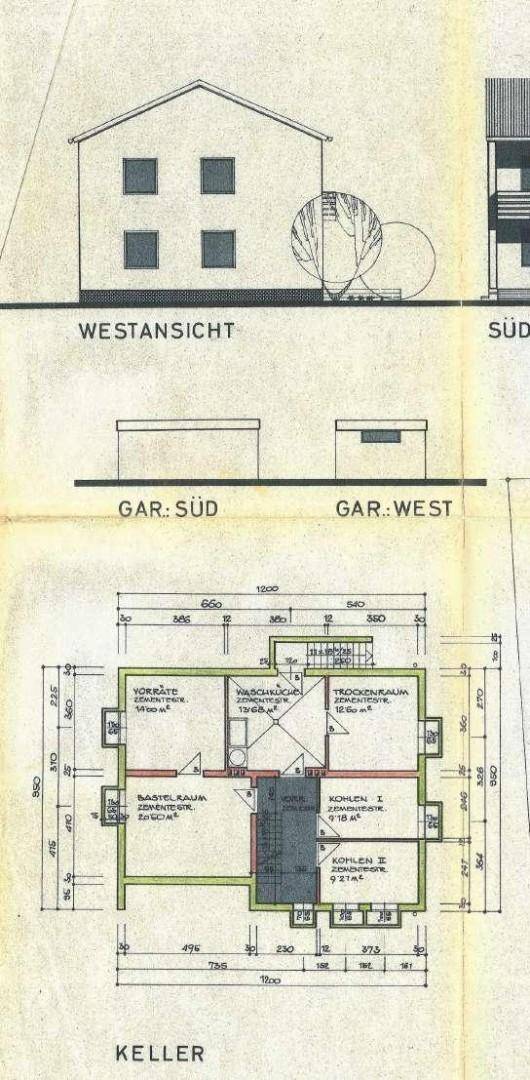 Grundriss des Kellers mit Ansichten der Garage von Westen und Süden.