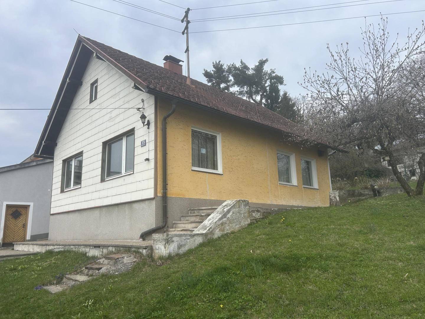 Ansicht des Einfamilienhauses mit gelber Fassade und rotem Ziegeldach an einem bewölkten Tag.