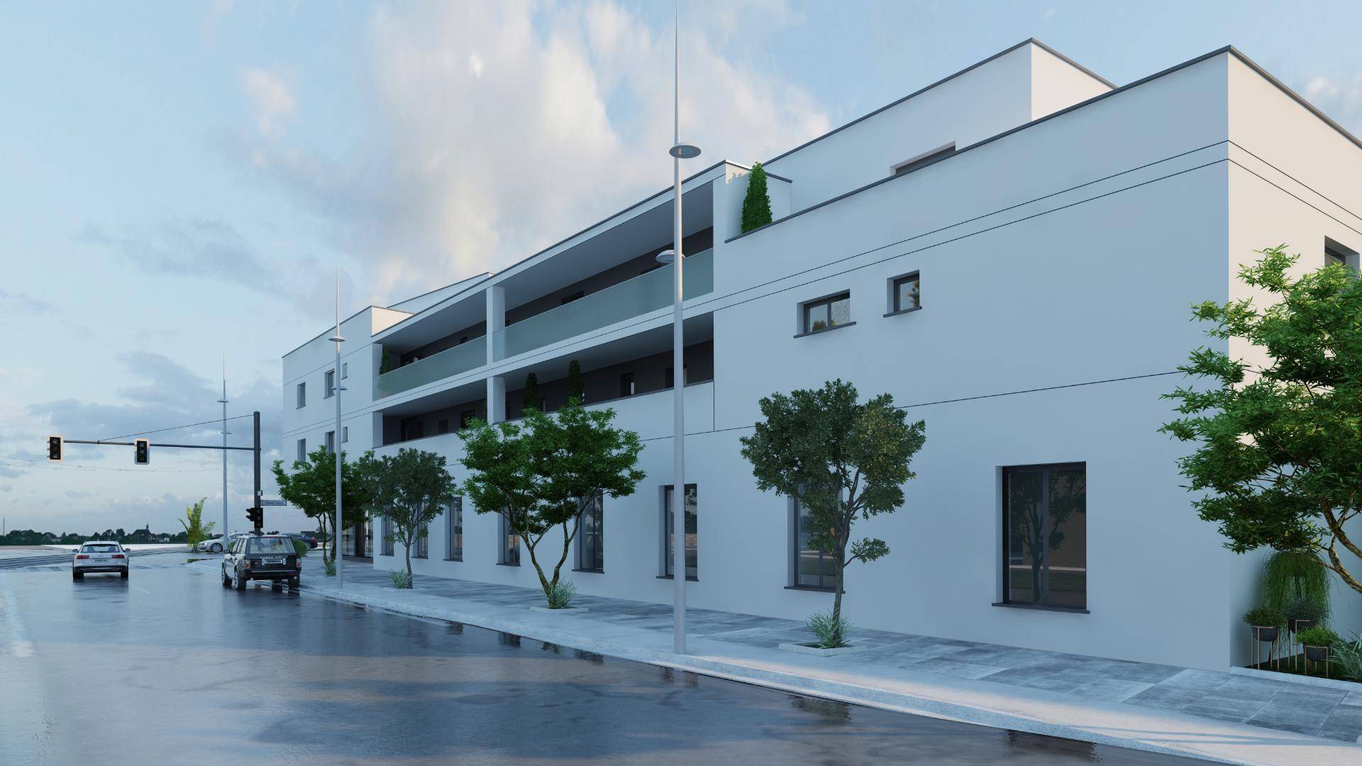 Seitenansicht eines modernen Gebäudes mit Balkonen und minimalistischer Architektur entlang einer Straße.