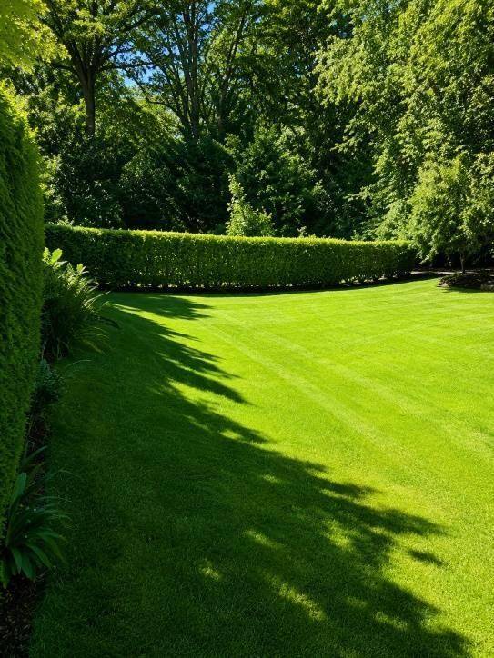 Gepflegter Rasen mit einer akkurat geschnittenen Hecke und hohen Bäumen im Hintergrund.