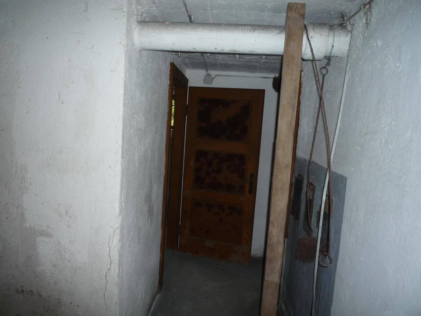 Kellerflur oder Raum mit einer Holztür, die zu weiteren Bereichen führt.