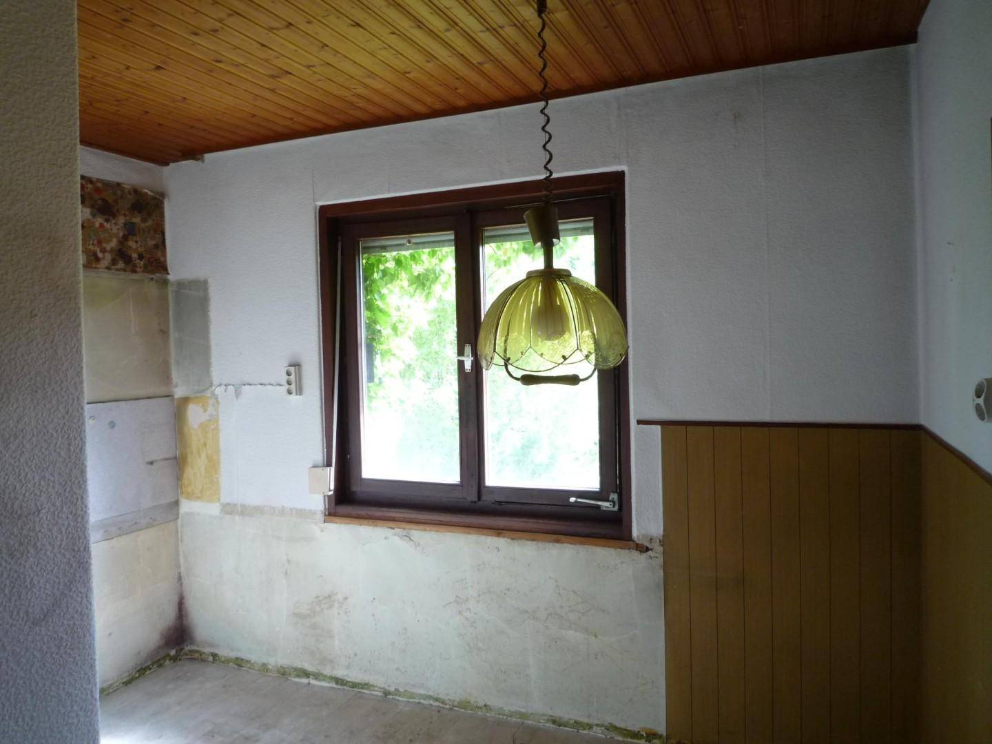 Innenraum mit Holzdecke, Fenster und Blick ins Grüne, bereit für eine Renovierung.