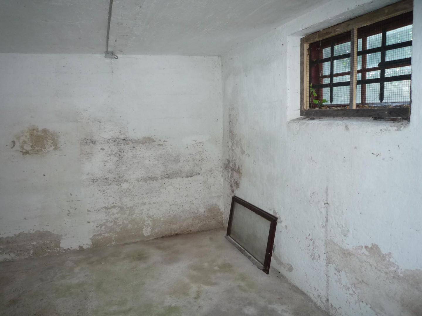 Kellerraum mit Betonboden, weißen Wänden und einem kleinen Fenster mit Gitter.
