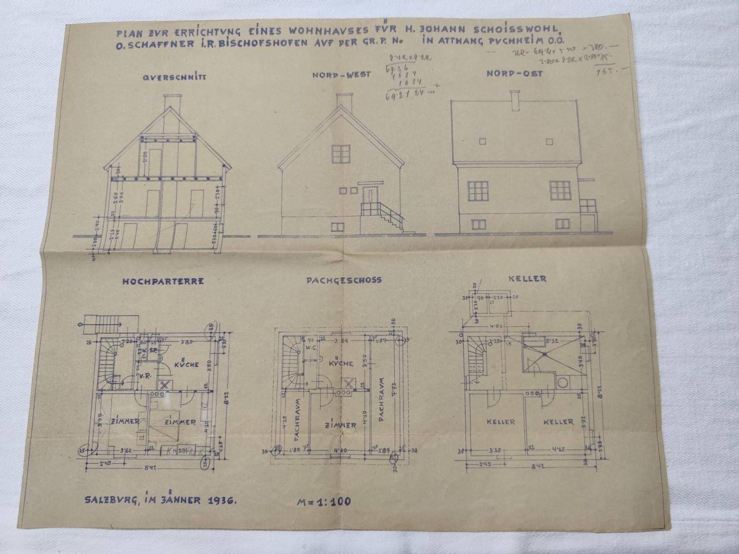 Historischer Bauplan eines Wohnhauses aus dem Jahr 1936 mit Grundrissen und Ansichten.