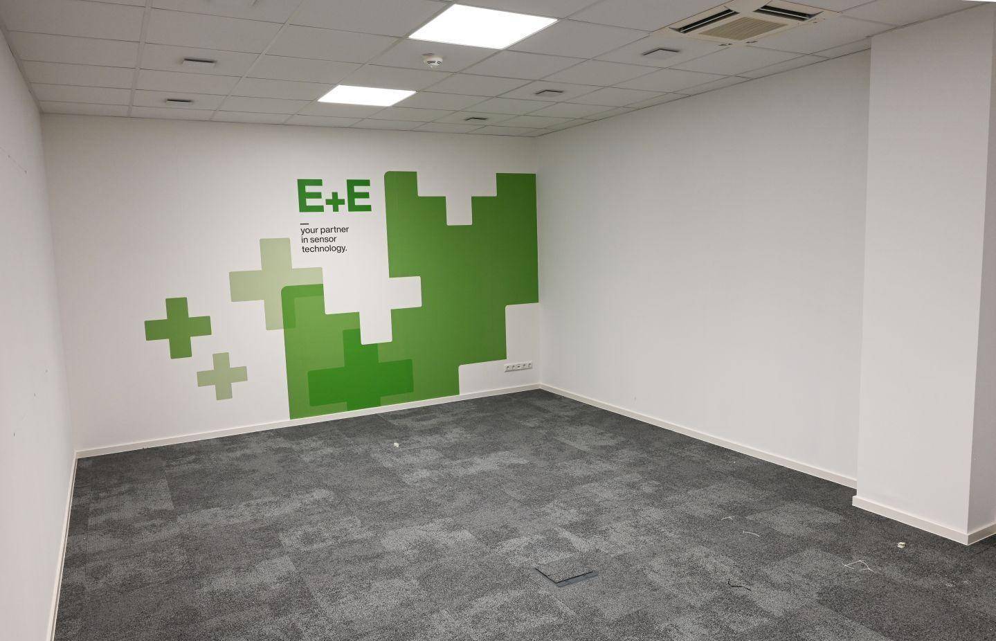 Leerer Büroraum mit weiß gestrichenen Wänden, grünem Wanddesign und grauem Teppichboden.