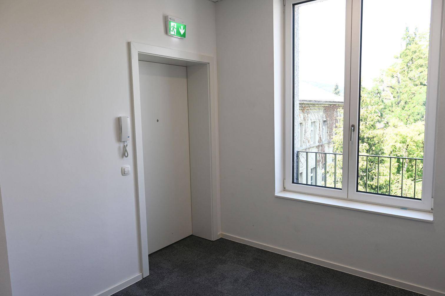 Heller Flur mit Teppichboden, Gegensprechanlage und Fenster mit Blick ins Grüne.